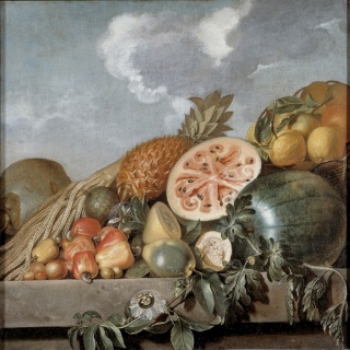 Albert Eckhout, Fruits, Pineapple and, Melon etc., 1640–1650, oil on canvas, 35 13/16 × 35 13/16 in., N.92. Photo: John Lee, National Museum of Denmark, Cope