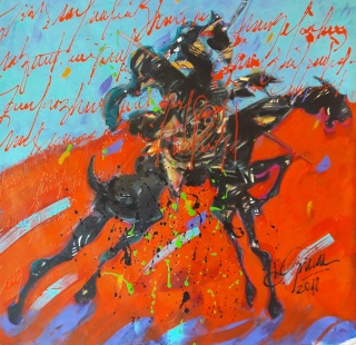Donato Grima, El día que Cervantes soñó al Quijote. 2018. Acrílico sobre tela. 150 x 150 cm. – Cortesía del Ateneo de Madrid