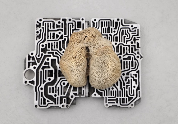 Nicolás Lamas,  Neurocoral, 2022. Válvula de trasmisión de aluminio, coral, 13 x 35 x 28 cm. Ejemplar Único — Imagen cortesía de The Goma