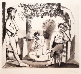 Picasso, Bacchanale, 1955. Aguafuerte y aguatinta. Edición: 250 ejemplares. Tamaño plancha: 47 x 55,5 cm.; papel: 57,5 x78,5 cm. — Cortesía de la galería Acanto