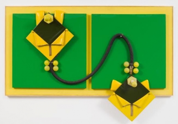 Miguel Ángel Cárdenas, Green and yellow lovers, 1964, Panel, PVC, objects, 55 1/2 x 81 x 11 1/2 inches, (141 x 205.7 x 29.2 cm). Photo by Pierre Le Hors. Courtesy of Andrea Rosen Gallery, New York.