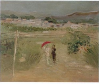 Esteban Vicente, Paisaje con sombrilla roja, 1931. Óleo sobre lienzo, 33 x 41 cm. Museo de Arte Contemporáneo Esteban Vicente