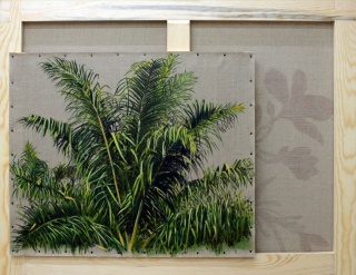 Gabriela Bettini. Detalle de Elaeis guineensis 2, Óleo sobre lino, 2019, 146 x 97 y 55 x 65 cm. — Cortesía de Tasman Projects
