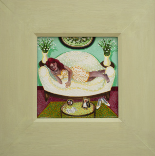 Nick Quijano, La Siesta de Tía (Tia's nap), 2020. Gouache on Arches paper with varnished wood matte, 12.5 x 12.5 in. Courtesy the artist and Fort Gansevoort