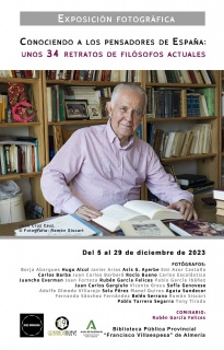 Cartel de la exposición "Conociendo a los pensadores de España: unos 34 retratos de filósofos actuales" en Almería.