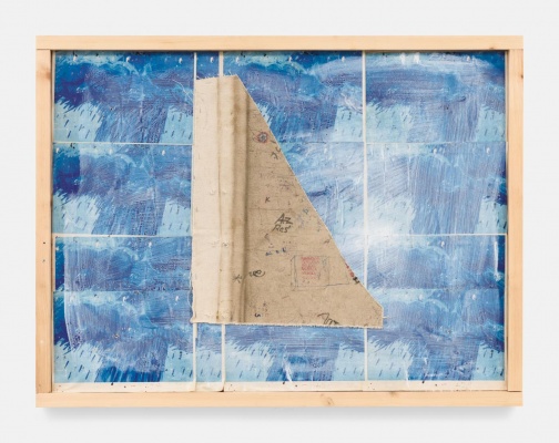 Oscar Murillo, Telegram, 2013-2023. Mixed media on wooden board in artist's frame, 60 x 80.5 cm. Photo by Tim Bowditch and Reinis Lismanis. Courtesy the artist. Copyright Oscar Murillo