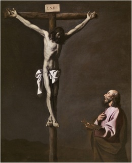 Cristo crucificado contemplado por un pintor. Francisco de Zurbarán. Óleo sobre lienzo, 105 x 84 cm h. 1650. Madrid, Museo Nacional del Prado