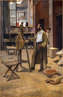 Santiago Rusiñol Prats (Barcelona, 1861 – Aranjuez, 1931), Clarasó en su taller, 1889. Óleo sobre tela, 175 x 114 cm. — Cortesía de Gothsland galería d'art