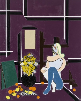 Farah Atassi (1981). Seated Woman and Daisies, 2024. Óleo y glicerol sobre lienzo. 180 × 145 cm. Cortesía de la artista y Almine Rech © Foto: Nicolas Brasseur © Farah Atassi, VEGAP, Málaga, 2024