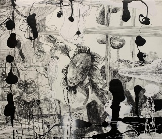 Santi Moix, The Bird, 2019. Técnica mixta sobre papel sobre tela, 174x200 cm. — Cortesía de la Galería Marlborough