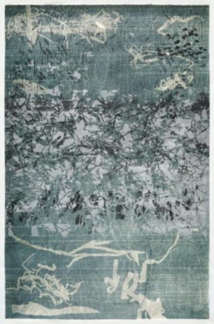 Jeronimo Elespe, Untitled (from Antigüedad series), 2024, Woodcut and monotype, 38 1/8 x 24 3/8 inches — Imagen cortesía de Van Doren Waxter