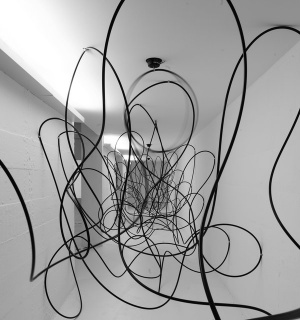 Rosana Antoli, Chaos Dancing Cosmos. Variable Measures. 50m Rubber Hose, spinning motors. Site Specific Installation. When Lines Are Time Exhibition, Joan Miró Foundation, Barcelona, 2016. Photography by Pere Pratdesaba