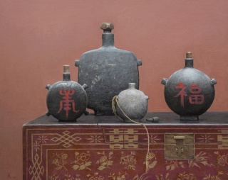 Cantimploras chinas III, 80 x 100 cm. óleo sobre lienzo encolado a tabla