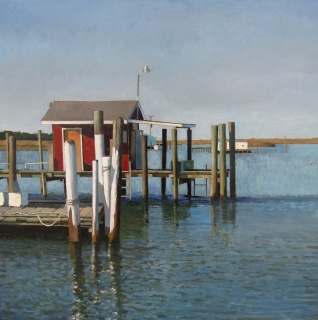 Xavier Rodés, "Red gas station," Oil on canvas, 23½" x 23½" (60 x 60cm)