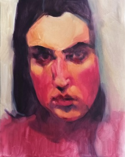 "Cherryface", 2023. Óleo sobre lienzo, 41 x 33 cm. Obra parte de la exposición "Te miro, me veo".