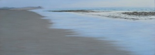 Carmen Bustamante, Luz en la playa de Munir, óleo sobre tabla 44x121 cm.
