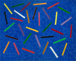 Alfredo Alcain. Palitos de colores sobre azul, 2018