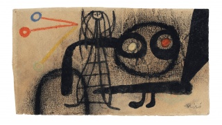 Joan Miró, Sans Titre, 1949, Fusain, encre de Chine, crayon gras sur papier chamois, 14 x 25,5 cm / © ADAGP / Successió Miró — Cortesía de la Galerie Lelong & Co