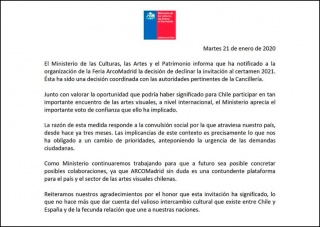 Carta del Ministerio de Cultura Chileno a la feria de Madrid (publicada por elmostrador)