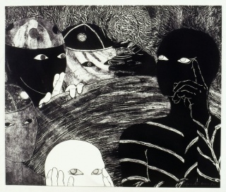 Belkis Ayón Manso, "Sin titulo (Cabeza Negra, Cabeza Blanca)", 1999. Grabado, 41 x 46 pulgadas. Imagen vía David Castillo