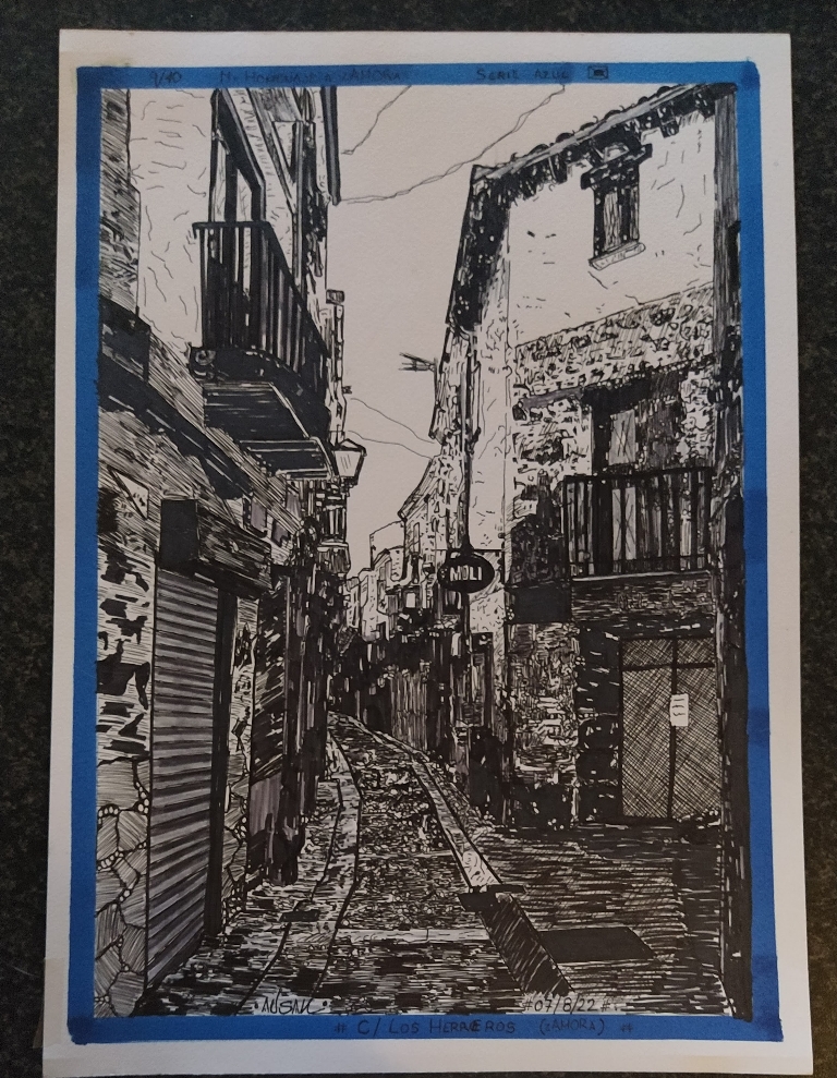 Dibujo original a estilograficas negras, Calle los Herreros, Zamora, España (2022) - Javier Quintana Perez - Ausan