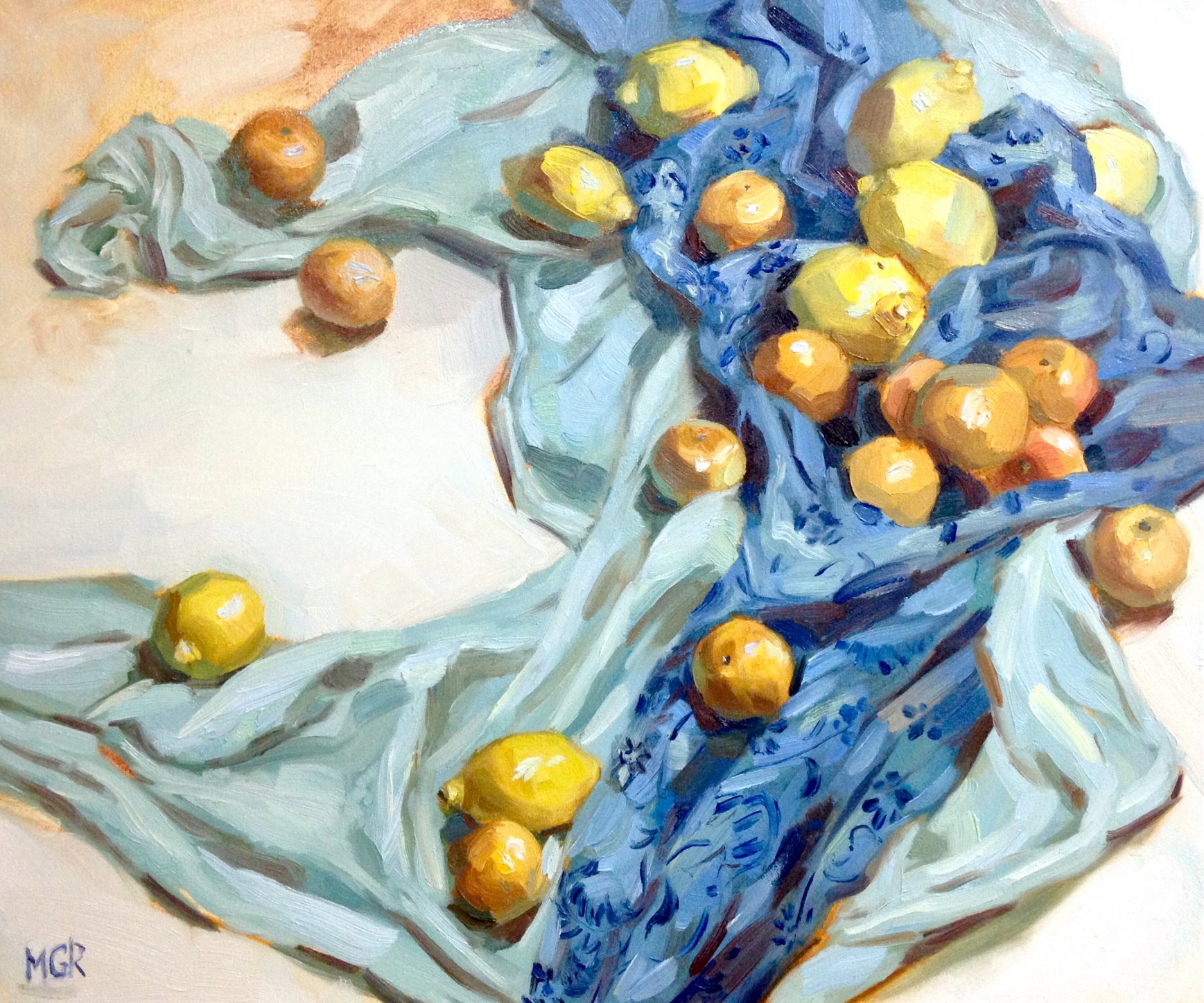 Naranjas y limones sobre mantel azul (2017) - Marina Gracheva